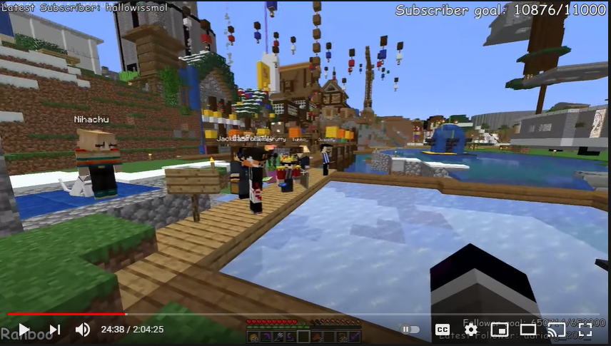 A screenshot from Ranboo's stream. Ranboo is standing off to the side from one of his games that he created, a sort of game where the goal is to throw an item across a bunch of ice and get it into the hole. Fundy is at the front of the crowd playing the game. He is in his Butcher Army skin. Jack Manifold, Eret, and Captain Puffy stand behind him. Niki stands near Ranboo with a dog at her side. On the other side of the ice stands Tubbo in his presidential skin and Quackity in his Butcher Army skin. L'manberg can be seen in the background, decorated for Christmas.